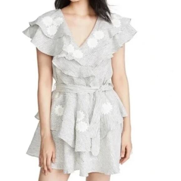 Innika Choo Striped Ruffle Mini Dress OS Linen Floral Embroidery Sailor Wrap - Picture 16 of 16